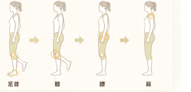 足首から膝・腰・肩へ負担が連鎖する図